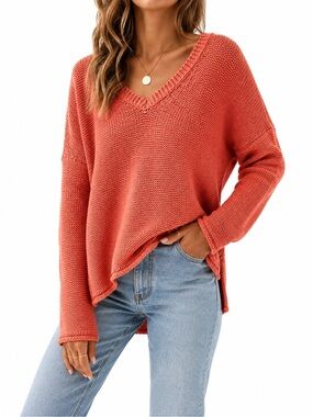Theory Karenia Cotton Rope-Knit V-Neck Sweater Stretchy Coral Orange Oversized S